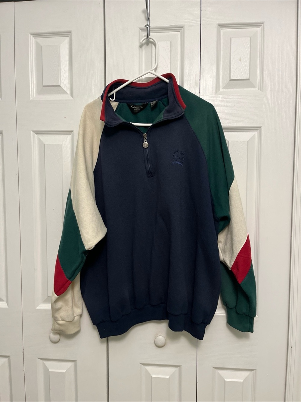 Christian Dior VintageMen's Colorblock Quarter-Zip Sweater - Navy, Green & Cream